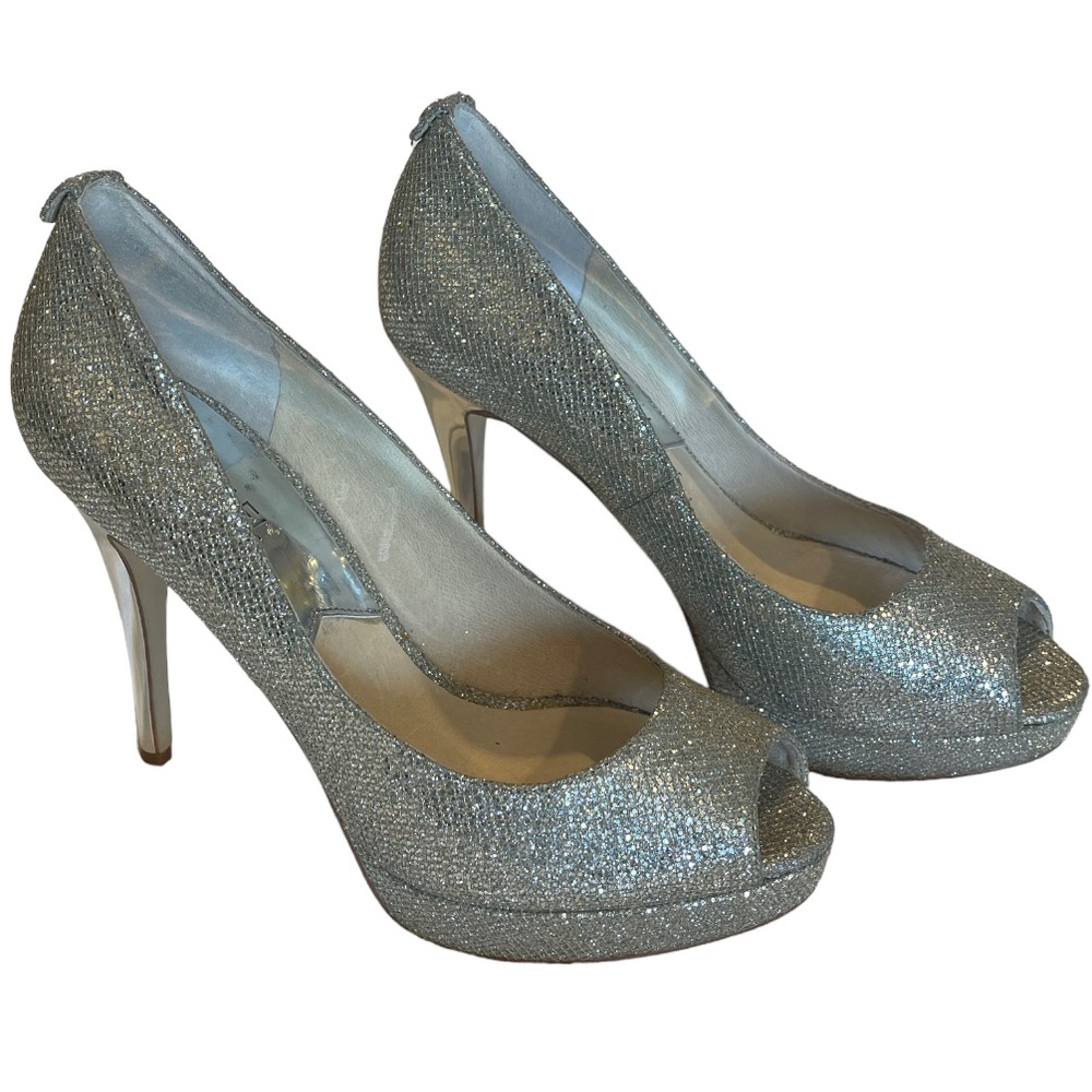 Michael Kors Silver Peep Toe Heels Sz 8
